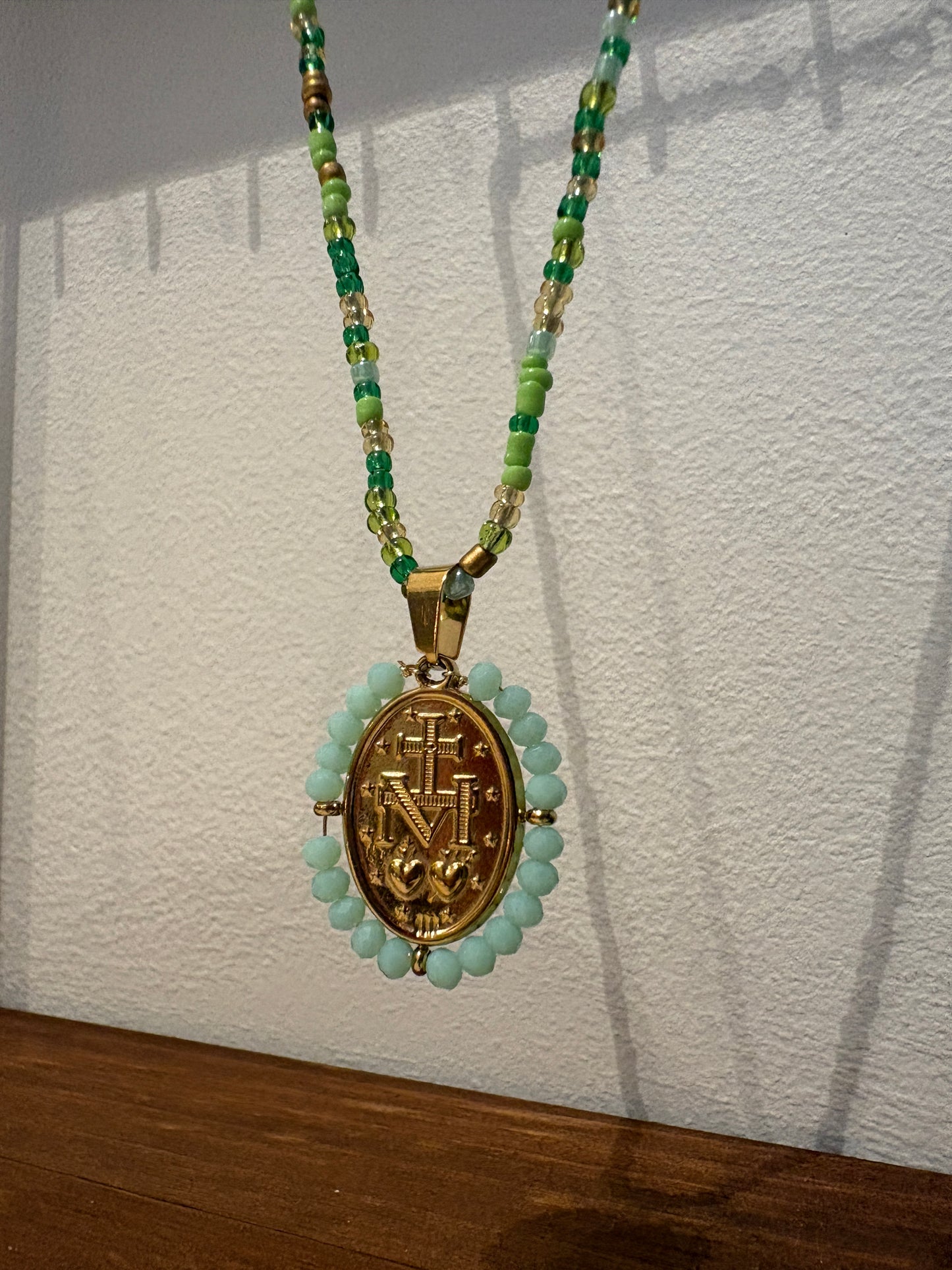 Light Green Holy Mary Necklace Small Beads stainless steal