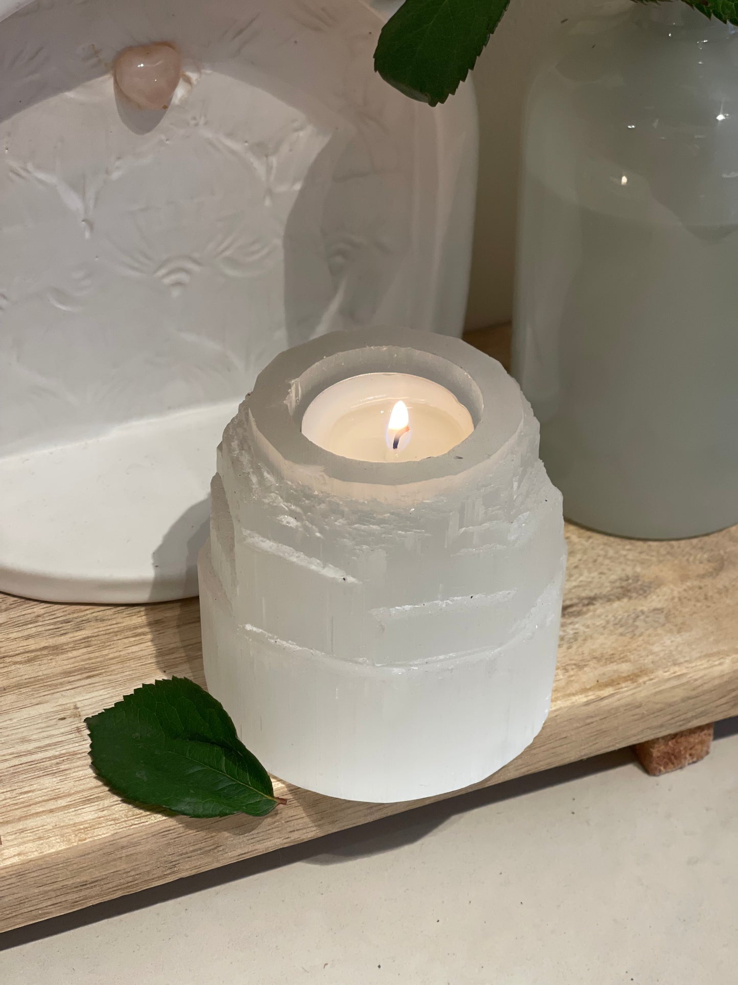 Selenite Crystal Candle Holder Angel Stone