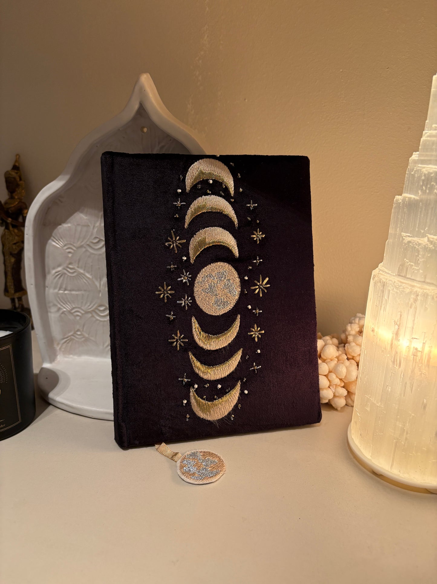 Black Velvet Notebook with Moon Phases- Size 20 x 15 cm