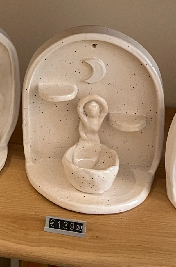 HANDMADE BEIGE DOTTED CERAMIC ALTAR – MOON & WOMAN MOTIF WITH CANDLE HOLDER