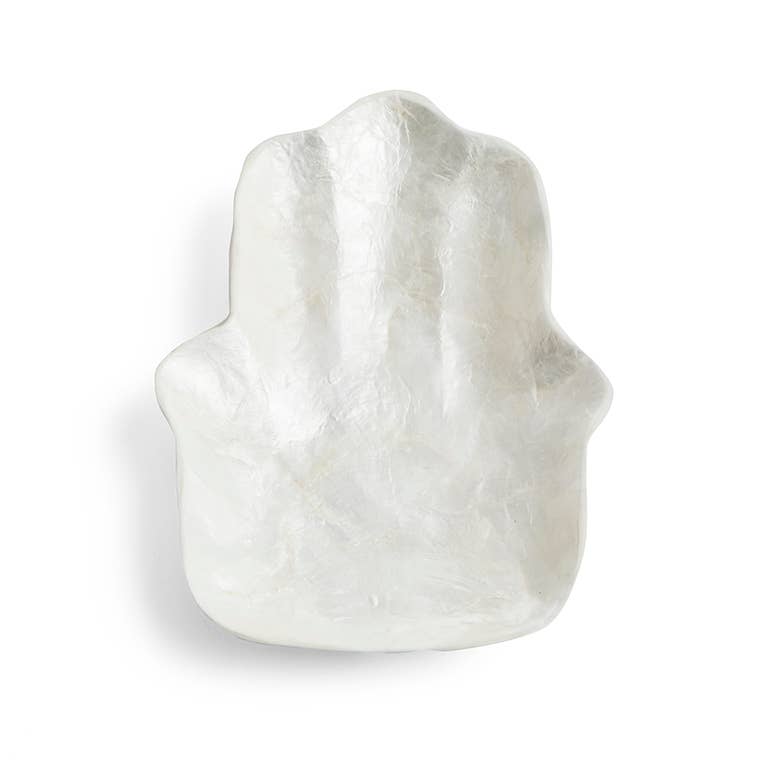DECORATIVE WHITE CAPIZ SHELL DISH IN THE SHAPE OF A HAND: HAMSA