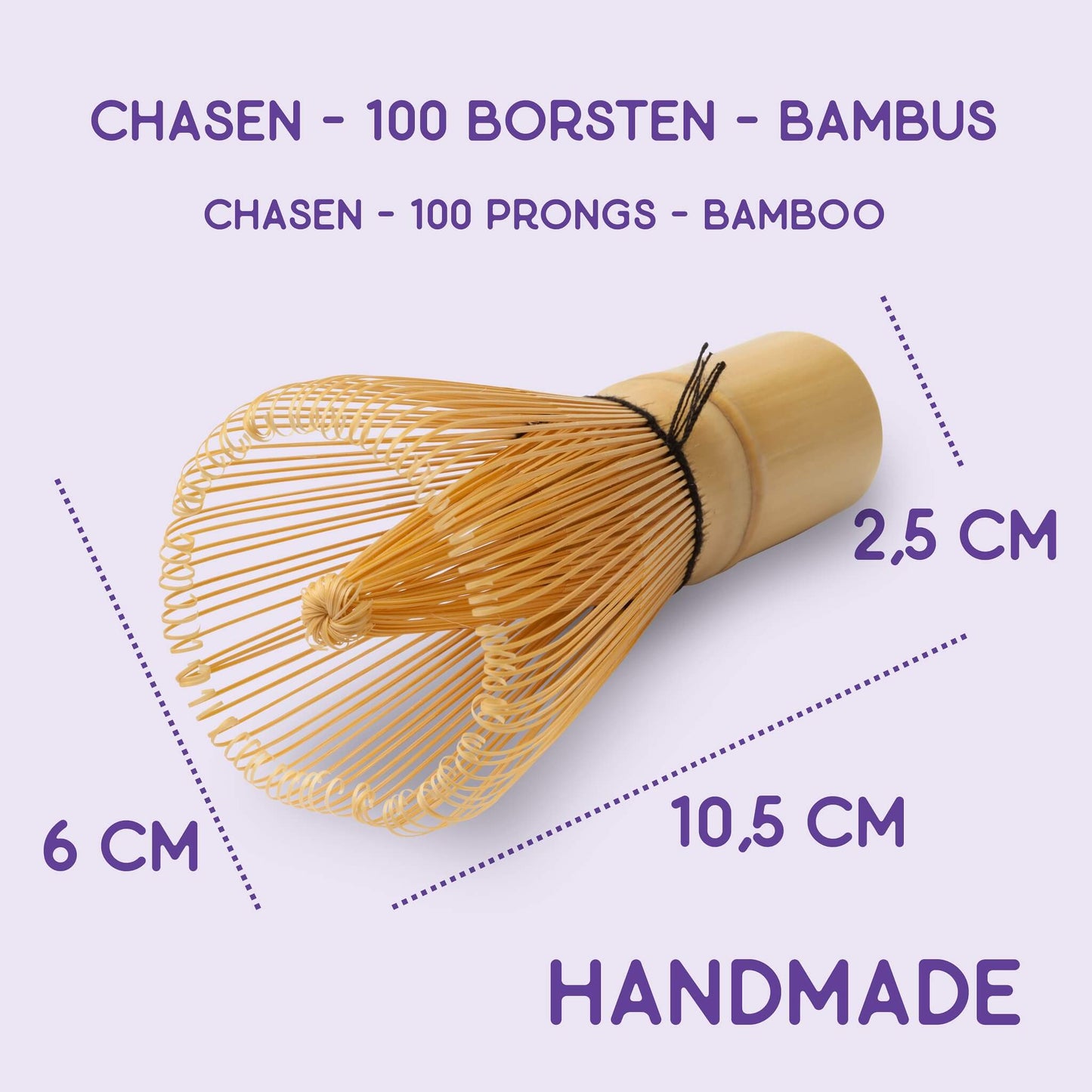 Matcha broom chasen made of white bamboo with 100 bristles: Plastikdose - Label / Weißer Bambus