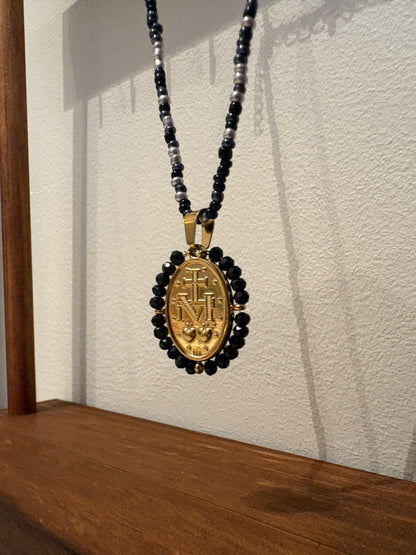Black Holy Mary Necklace Small Beads - Stainless steel