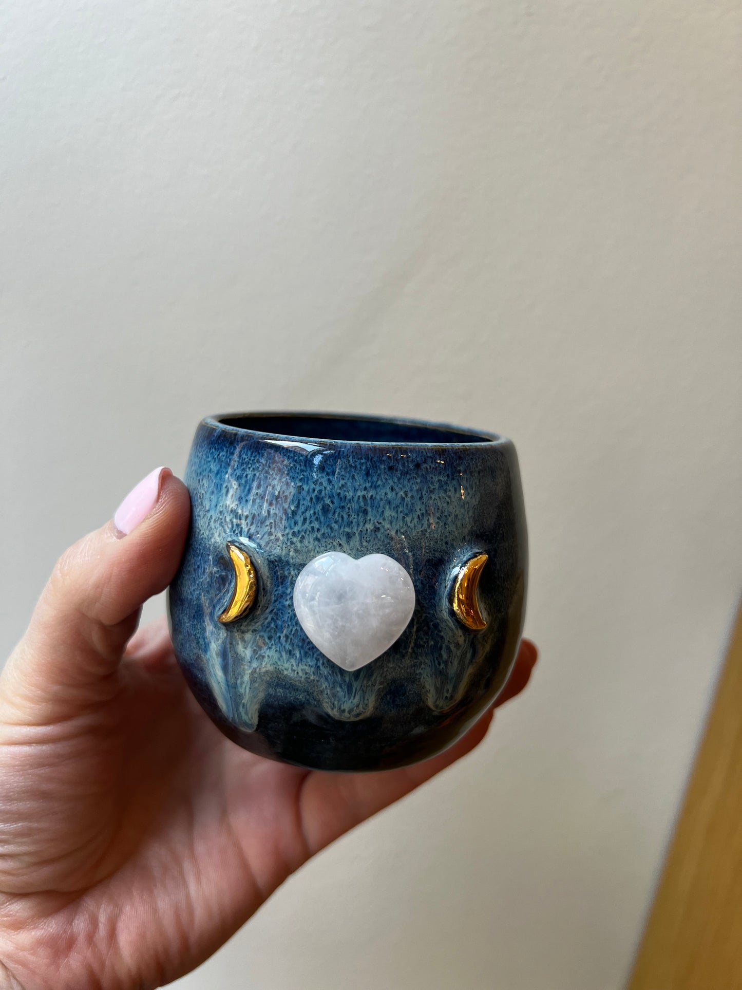 Set of 2 Blue Ceramic Cacao Cups with Gold Moon and clear quartz Heart - Studio Avalon Bohème