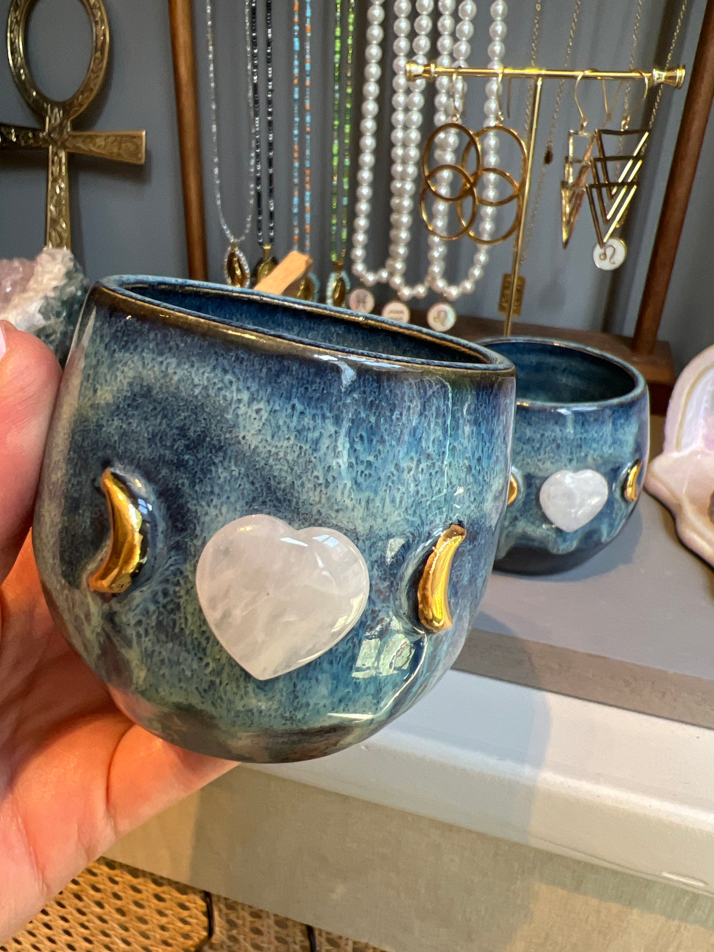 Set of 2 Blue Ceramic Cacao Cups with Gold Moon and clear quartz Heart - Studio Avalon Bohème