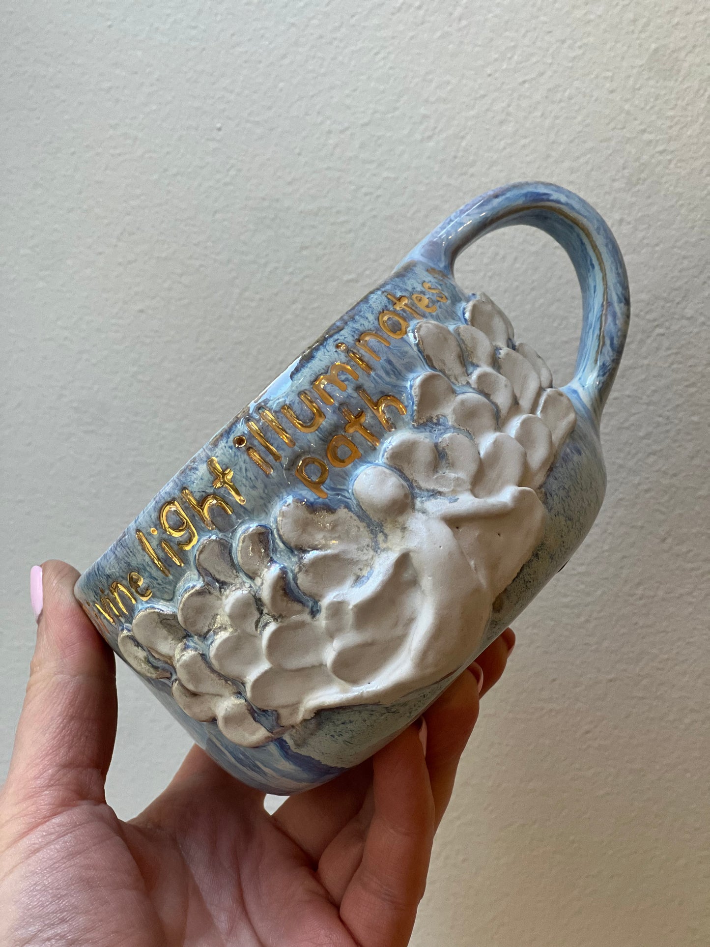 Handmade ceramic blue Angel mug “divine light illuminates my path” - Studio Avalon Boheme