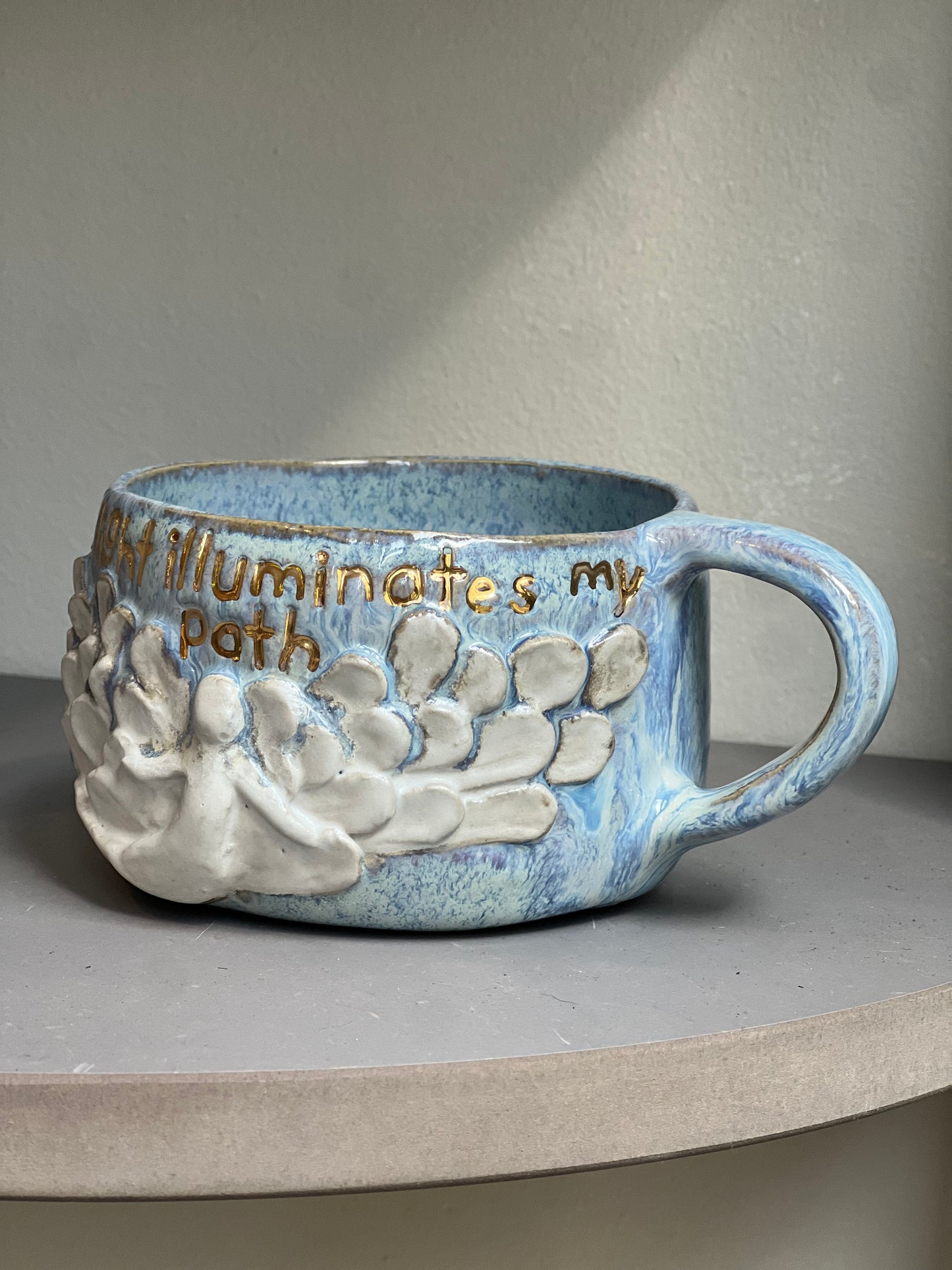 Handmade ceramic blue Angel mug “divine light illuminates my path” - Studio Avalon Boheme