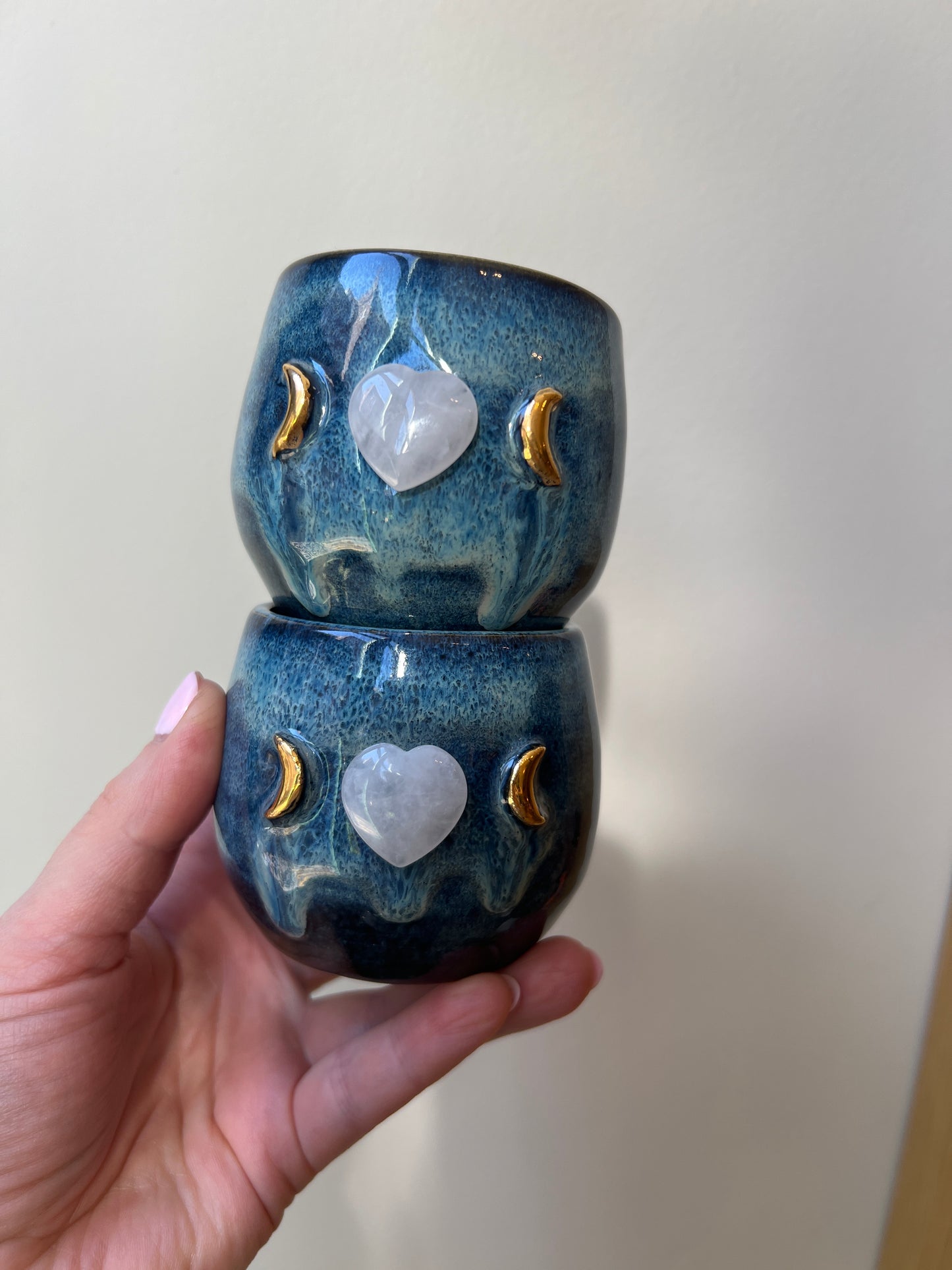 Set of 2 Blue Ceramic Cacao Cups with Gold Moon and clear quartz Heart - Studio Avalon Bohème