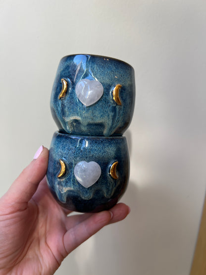 Set of 2 Blue Ceramic Cacao Cups with Gold Moon and clear quartz Heart - Studio Avalon Bohème