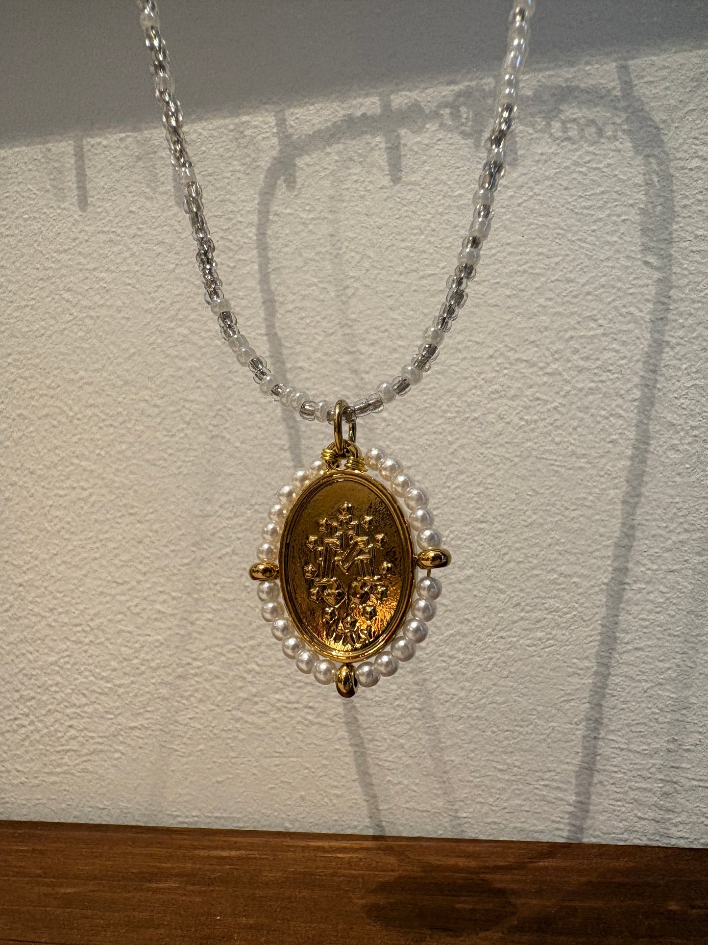 White Holy Mary Necklace Small Beads Stainless Steel