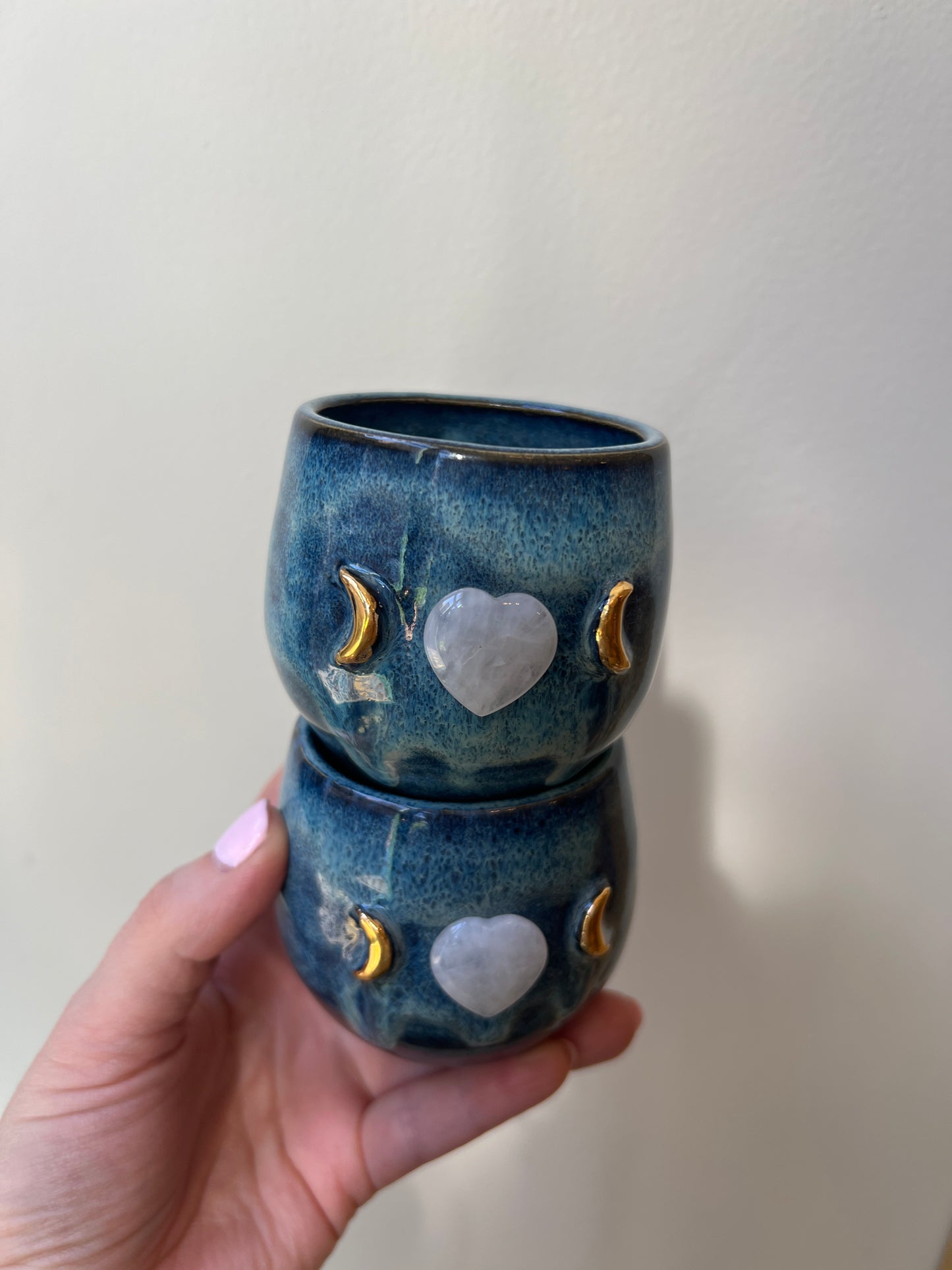 Set of 2 Blue Ceramic Cacao Cups with Gold Moon and clear quartz Heart - Studio Avalon Bohème