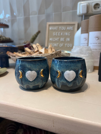 Set of 2 Blue Ceramic Cacao Cups with Gold Moon and clear quartz Heart - Studio Avalon Bohème