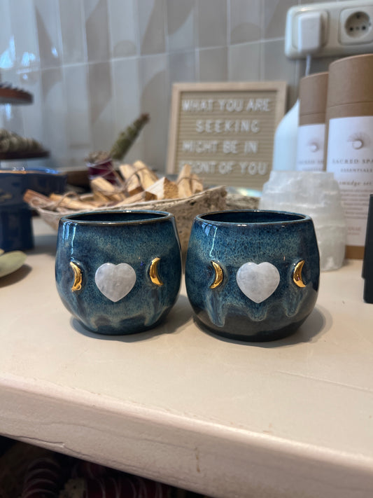 Set of 2 Blue Ceramic Cacao Cups with Gold Moon and clear quartz Heart - Studio Avalon Bohème