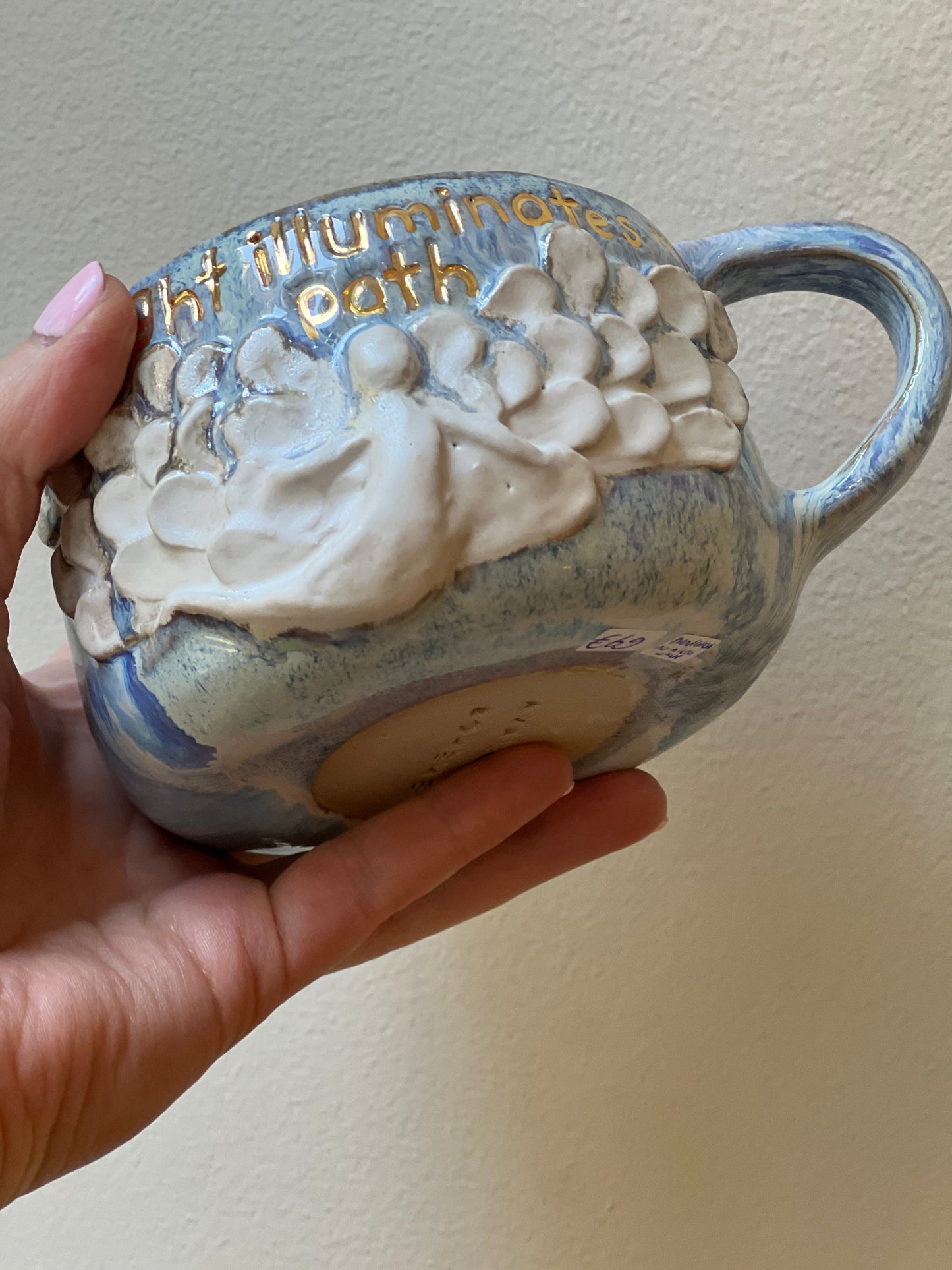 Handmade ceramic blue Angel mug “divine light illuminates my path” - Studio Avalon Boheme