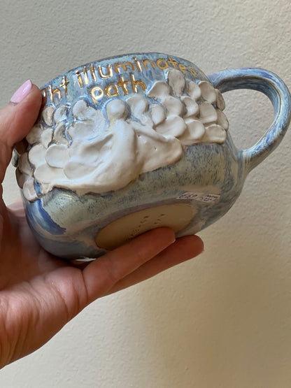 Handmade ceramic blue Angel mug “divine light illuminates my path” - Studio Avalon Boheme
