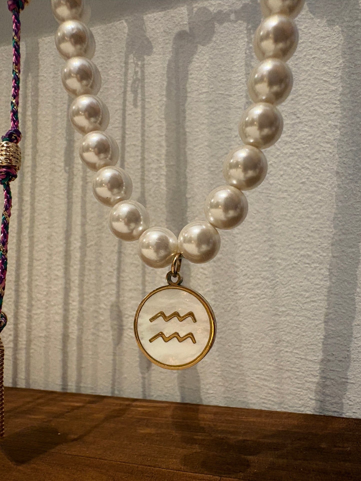 Zodiac Sign 18K Gold Plated Necklace Aquarius Waterman Beads Pearls