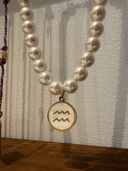Zodiac Sign 18K Gold Plated Necklace Aquarius Waterman Beads Pearls
