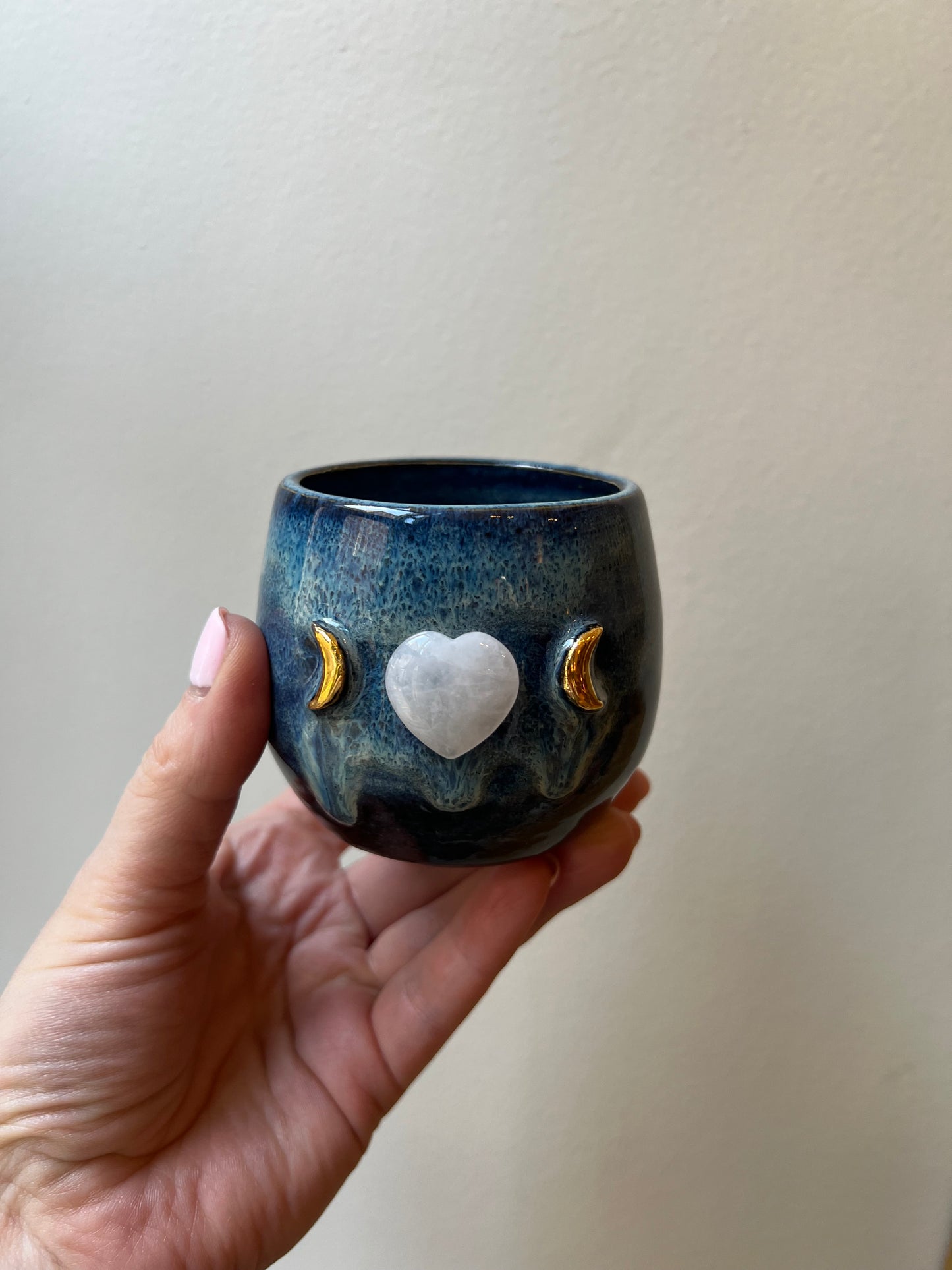 Set of 2 Blue Ceramic Cacao Cups with Gold Moon and clear quartz Heart - Studio Avalon Bohème