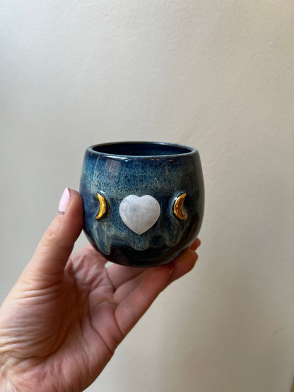 Set of 2 Blue Ceramic Cacao Cups with Gold Moon and clear quartz Heart - Studio Avalon Bohème