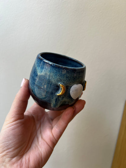 Set of 2 Blue Ceramic Cacao Cups with Gold Moon and clear quartz Heart - Studio Avalon Bohème