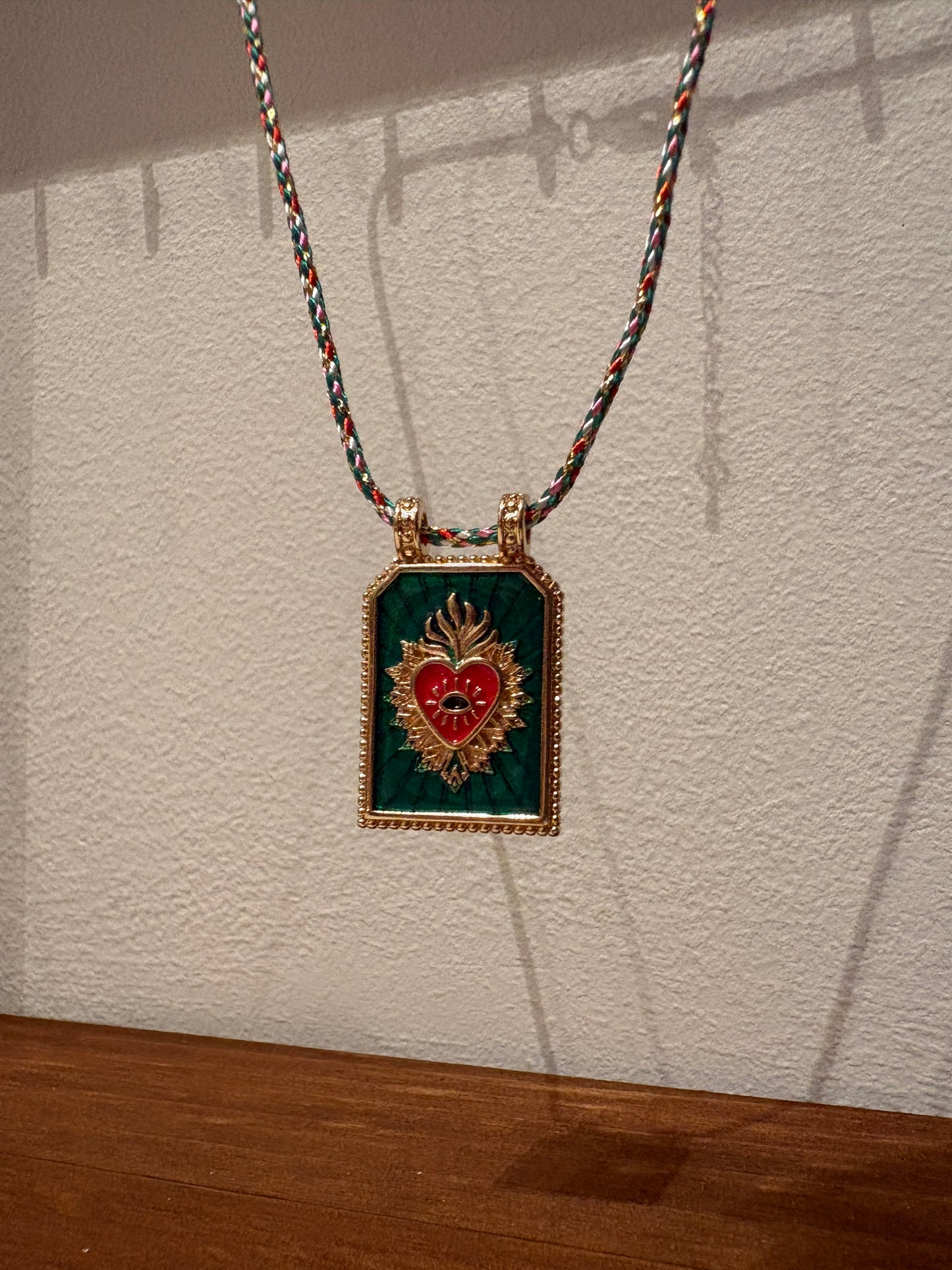 Emerald Green Necklace Burning Heart Tarot Card - stainless steel