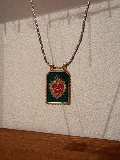 Emerald Green Necklace Burning Heart Tarot Card - stainless steel