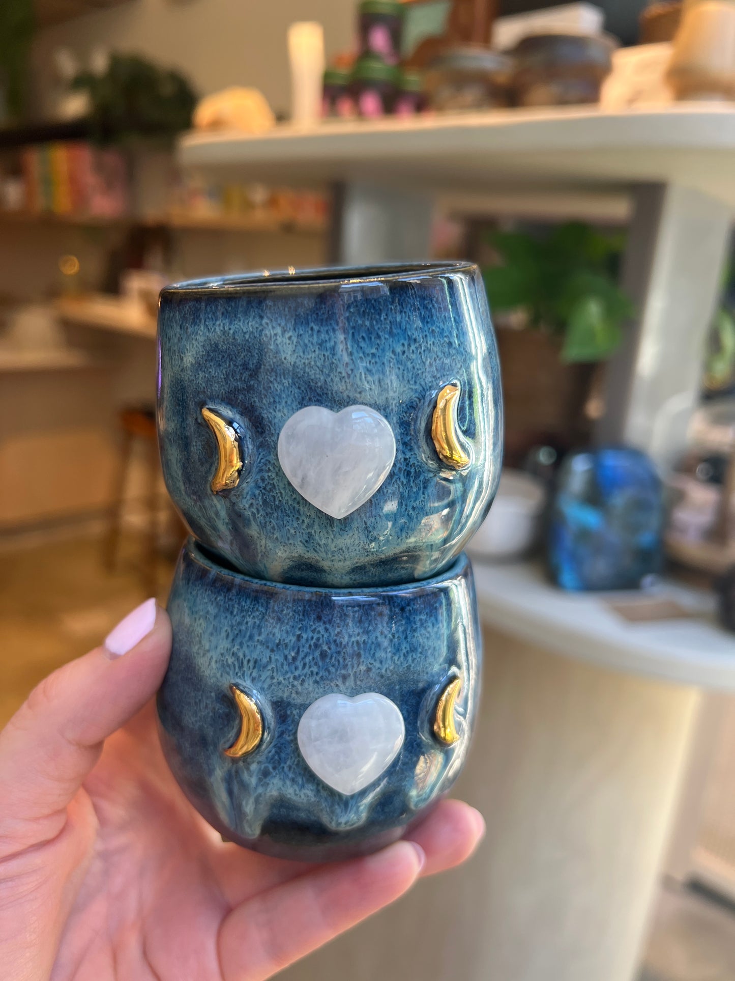 Set of 2 Blue Ceramic Cacao Cups with Gold Moon and clear quartz Heart - Studio Avalon Bohème