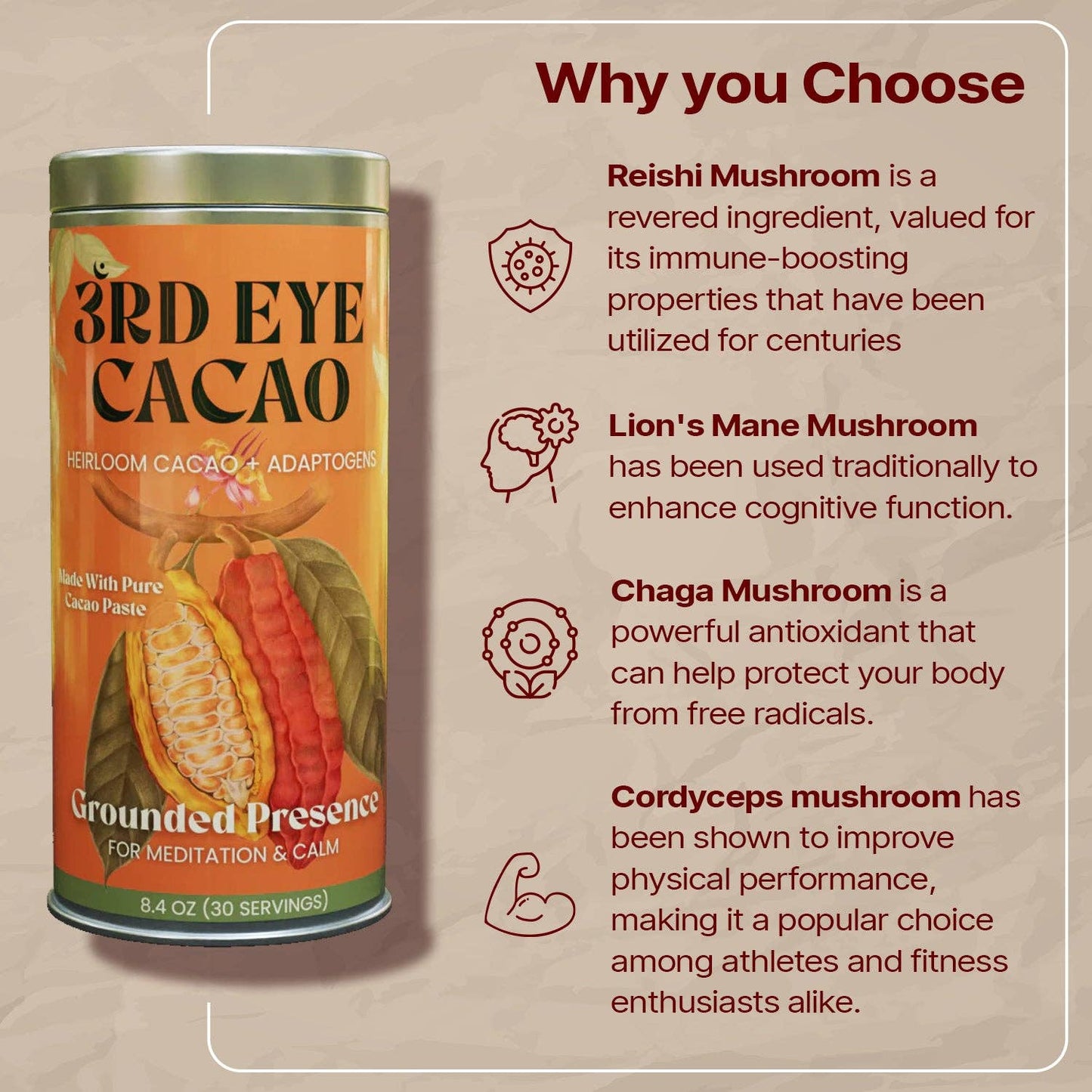 Third Eye Ceremonial Cacao- Grounded Presence Elixir: 8.4oz Tin (30 Servings)