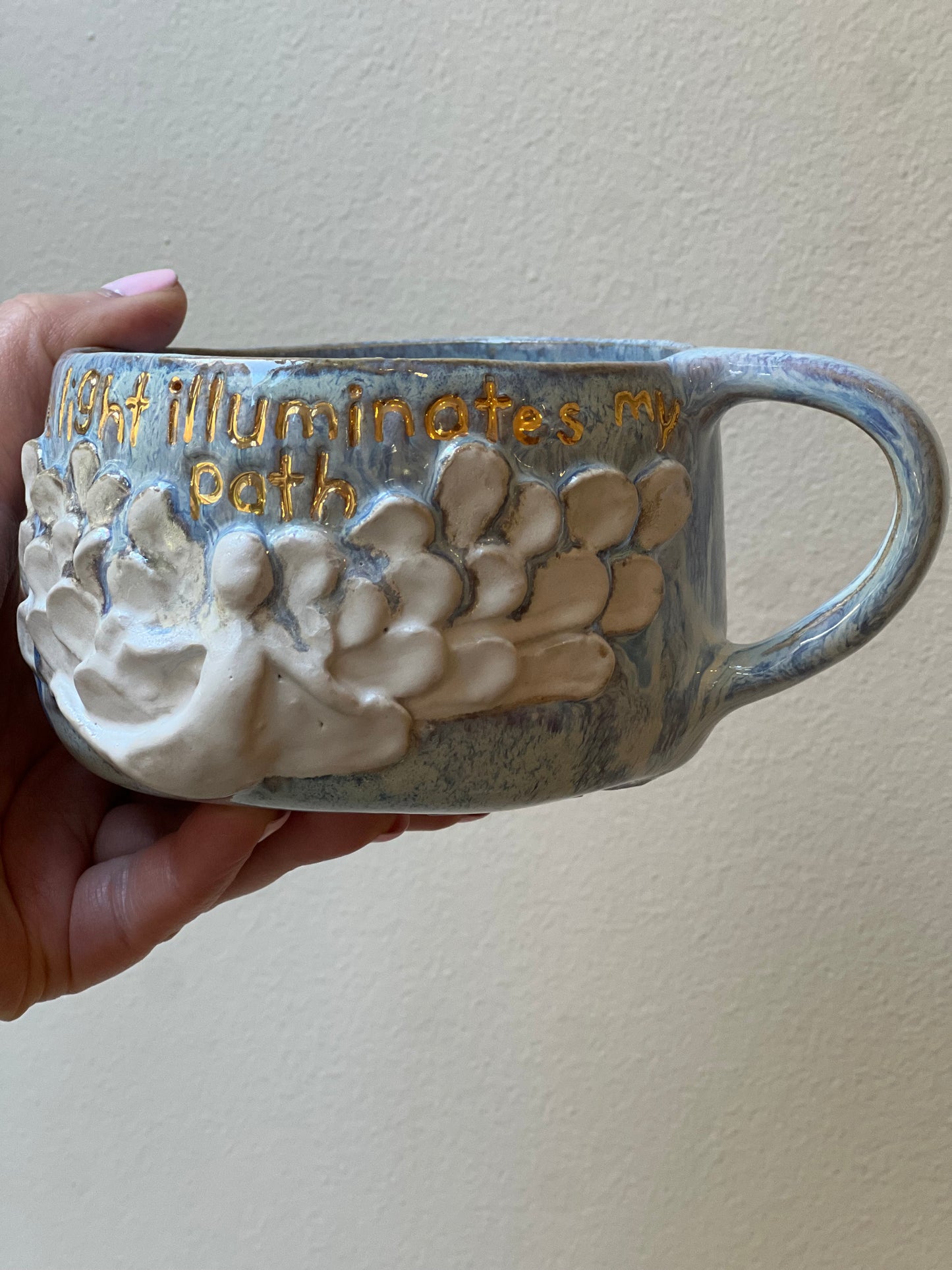 Handmade ceramic blue Angel mug “divine light illuminates my path” - Studio Avalon Boheme