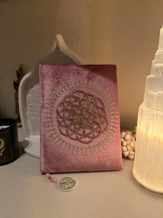 Old Pink Velvet Notebook with Flower of Life - Size 20 x 15 cm
