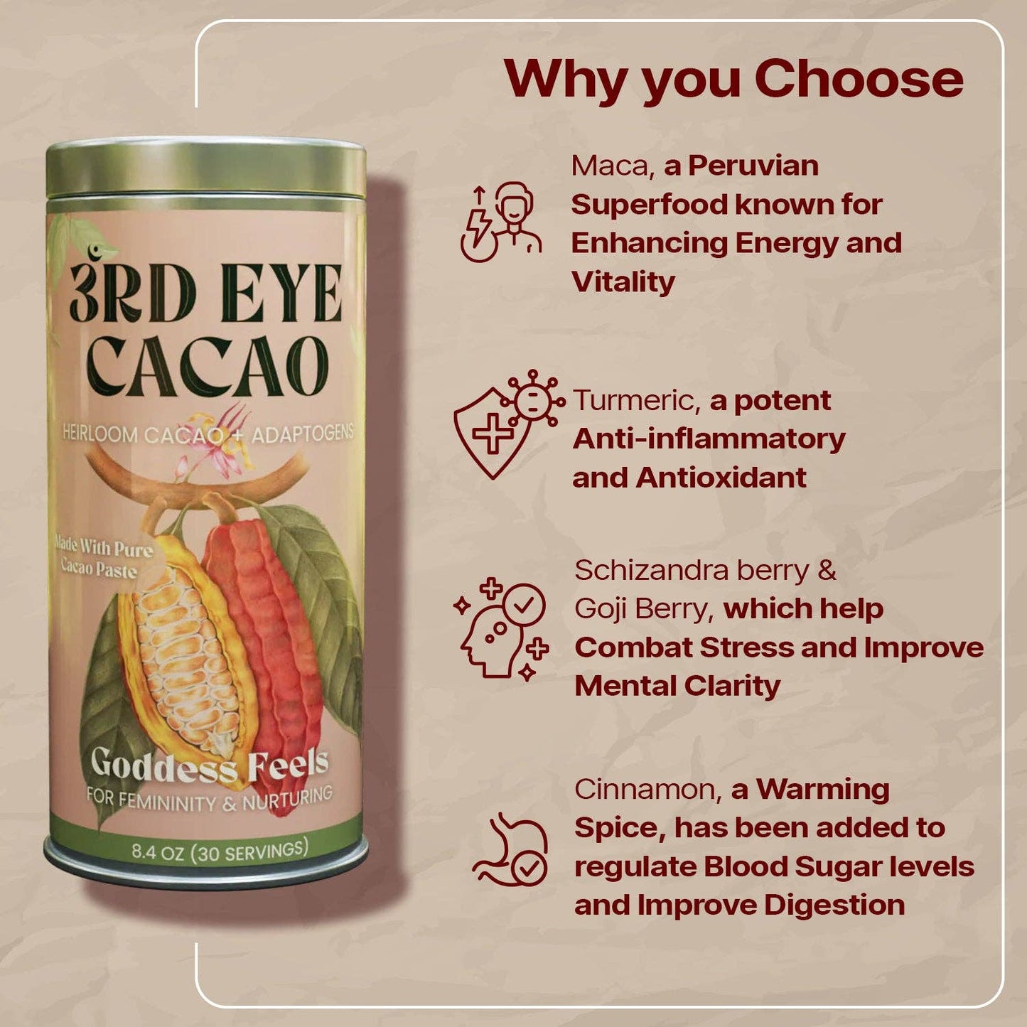Third Eye Ceremonical Cacao - Goddess Feels Elixir: 8.4oz Tin (30 Servings)