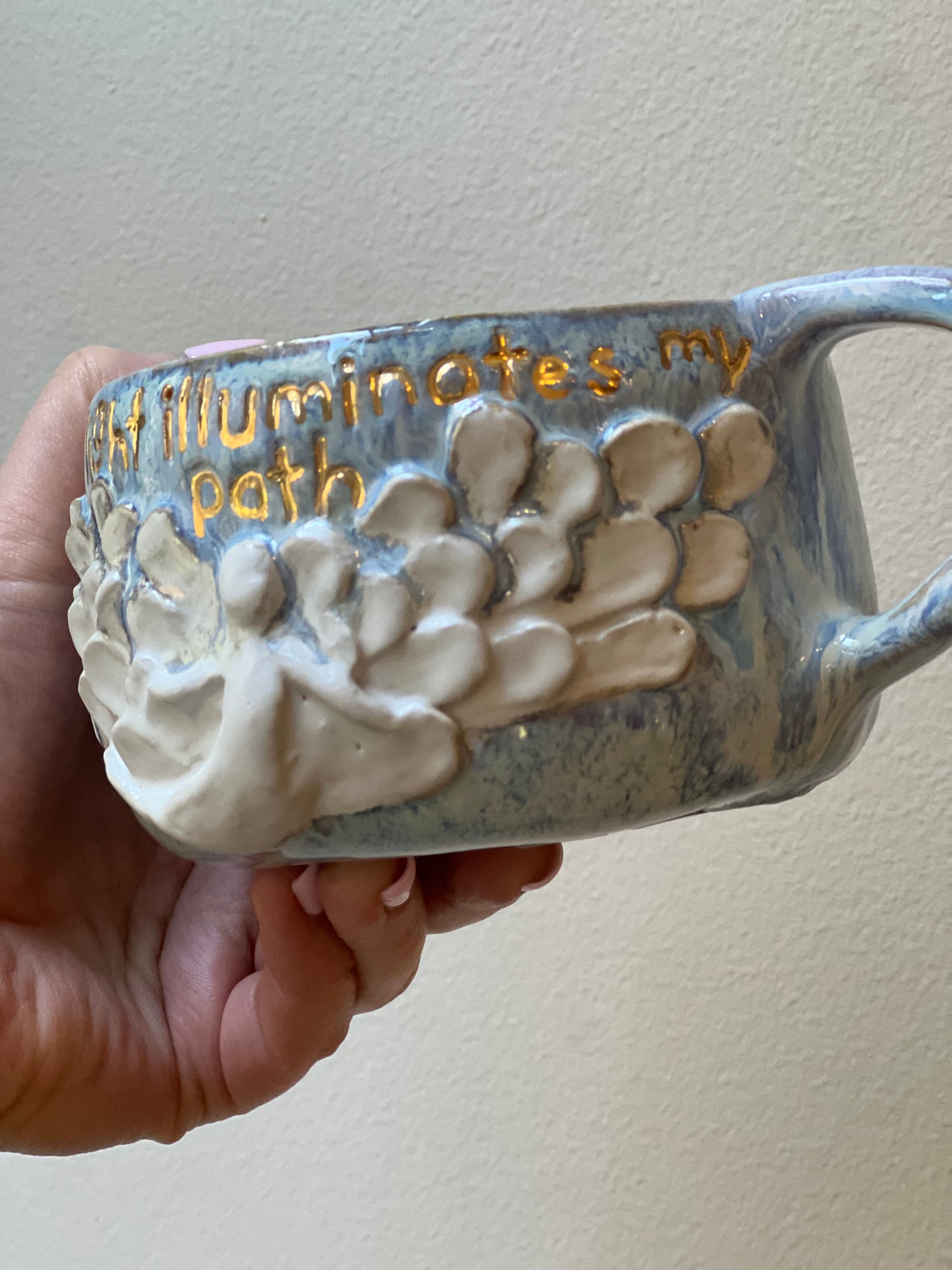Handmade ceramic blue Angel mug “divine light illuminates my path” - Studio Avalon Boheme