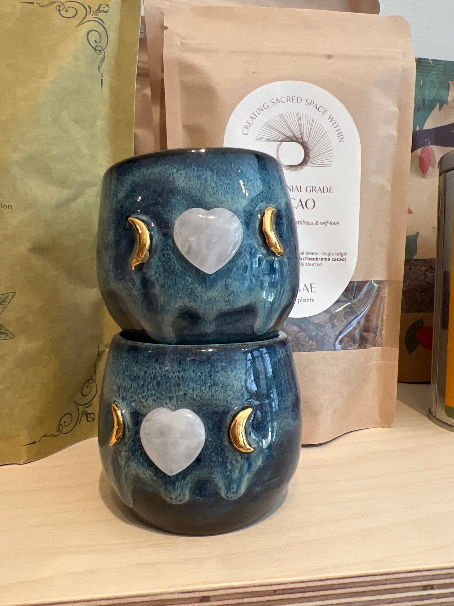 Set of 2 Blue Ceramic Cacao Cups with Gold Moon and clear quartz Heart - Studio Avalon Bohème