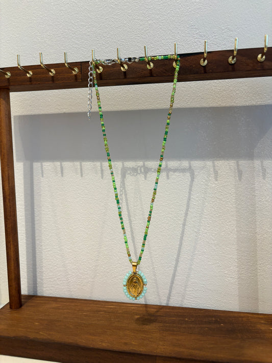 Light Green Holy Mary Necklace Small Beads 24k Gold Pleated