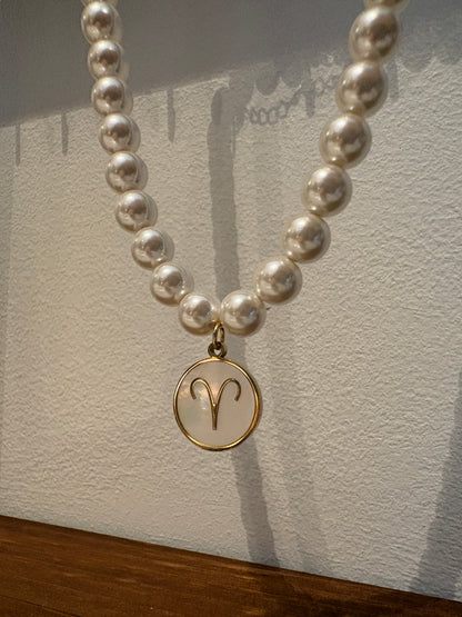 Zodiac Sign 18K Gold Plated Necklace Aries Ram Beads Pearls