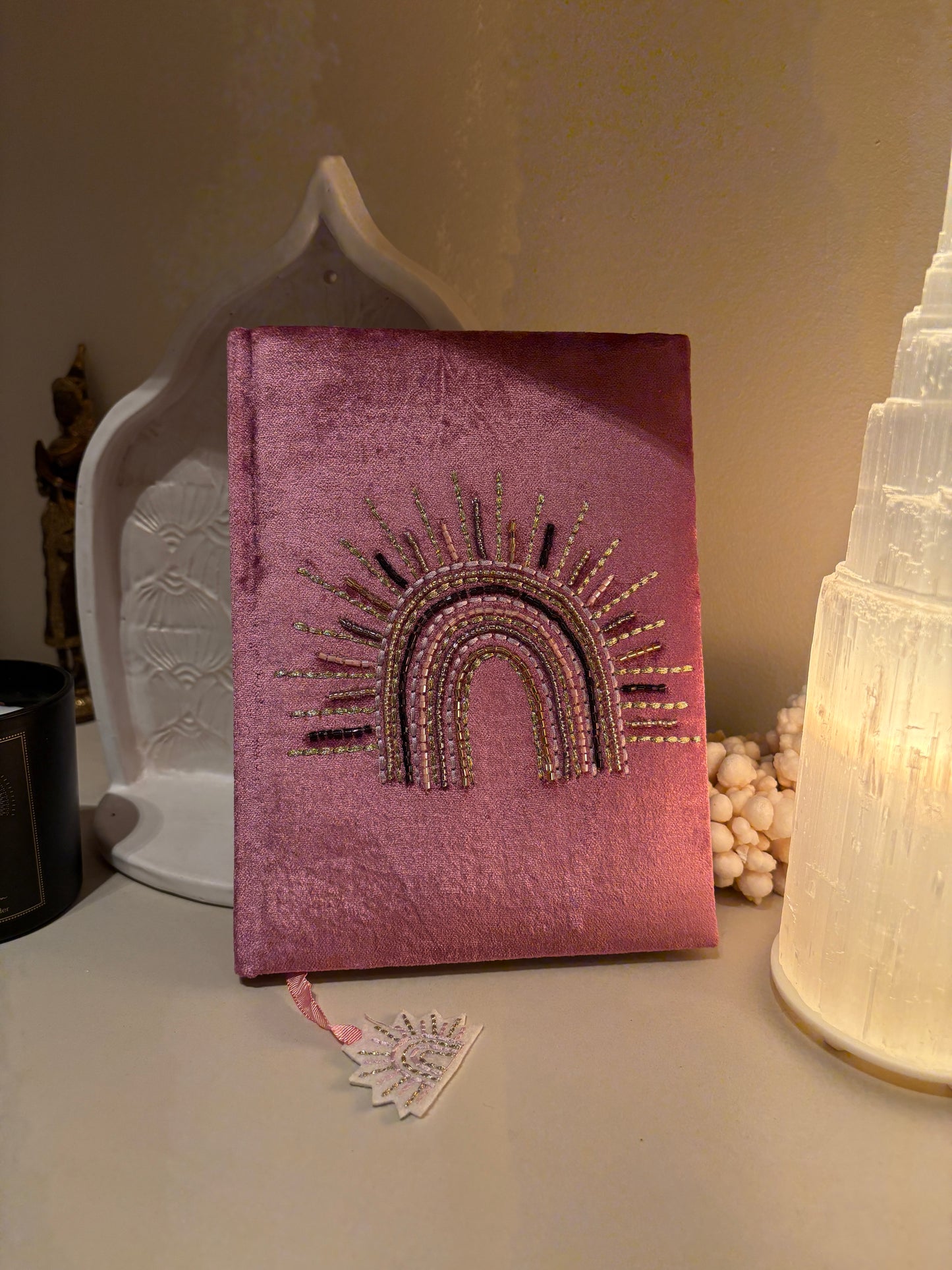 Pink Velvet Notebook with Rainbow  Size 20 x 15 cm