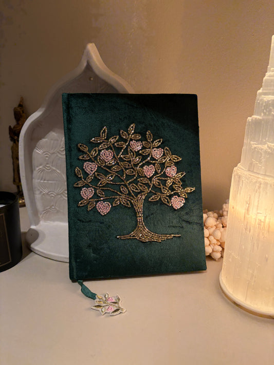 Green Velvet Notebook with Tree of Life and Hearts- Size 20 x 15 cm