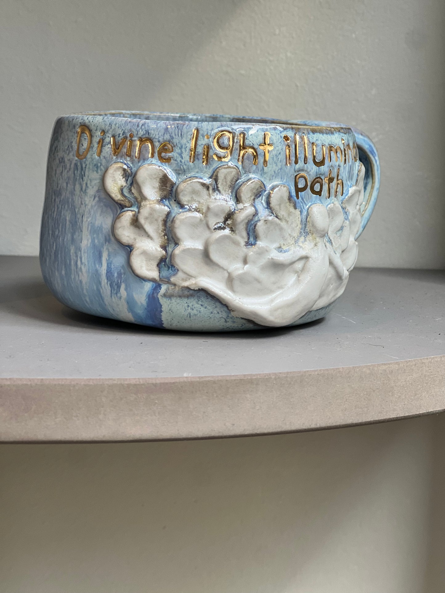 Handmade ceramic blue Angel mug “divine light illuminates my path” - Studio Avalon Boheme