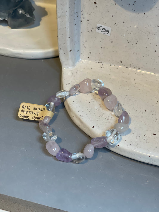 Rose Quartz, Amethyst and Clear Quartz Bracelet