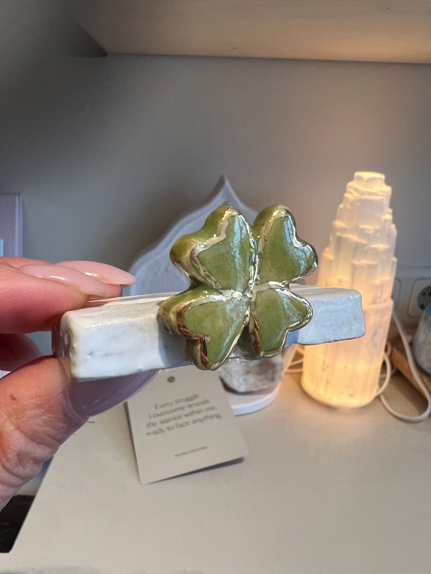 Studio Avalon Boheme_ Handmade Ceramic Card Holder_Gold Layered  Four-Leaf Clover