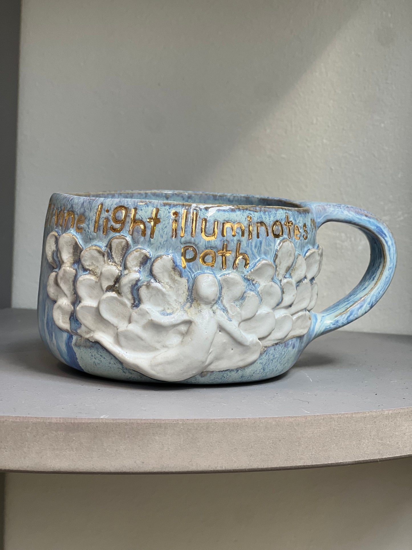 Handmade ceramic blue Angel mug “divine light illuminates my path” - Studio Avalon Boheme