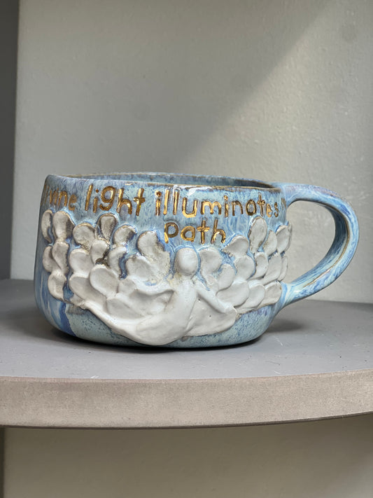 Handmade ceramic blue Angel mug “divine light illuminates my path” - Studio Avalon Boheme