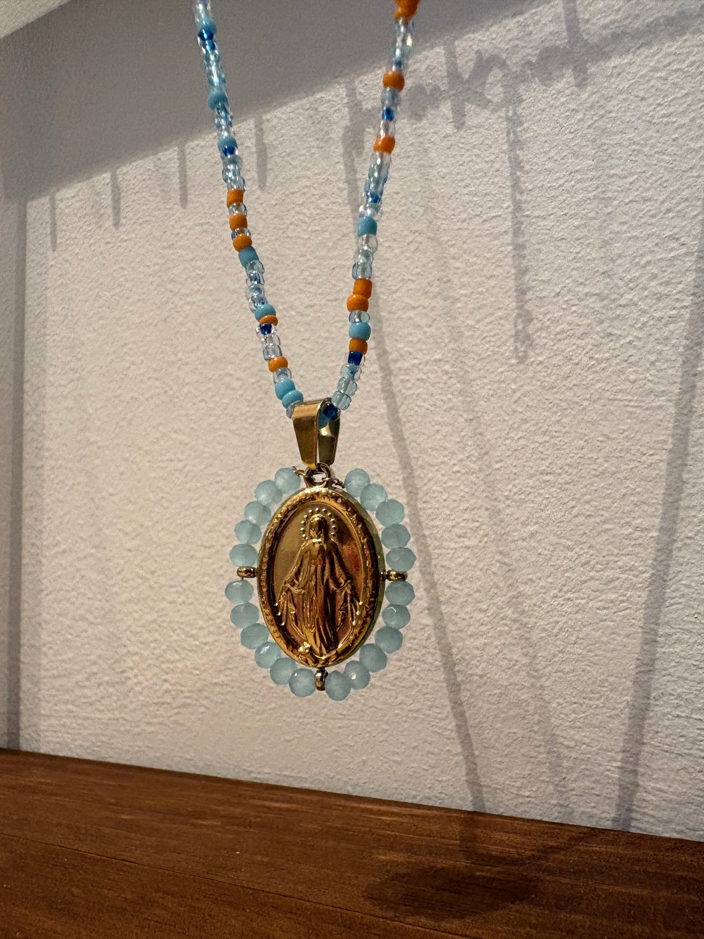 Light Blue Holy Mary Necklace Small Beads - Stainless steel