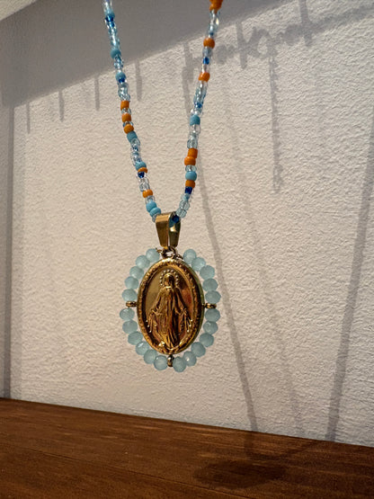 Light Blue Holy Mary Necklace Small Beads - Stainless steel