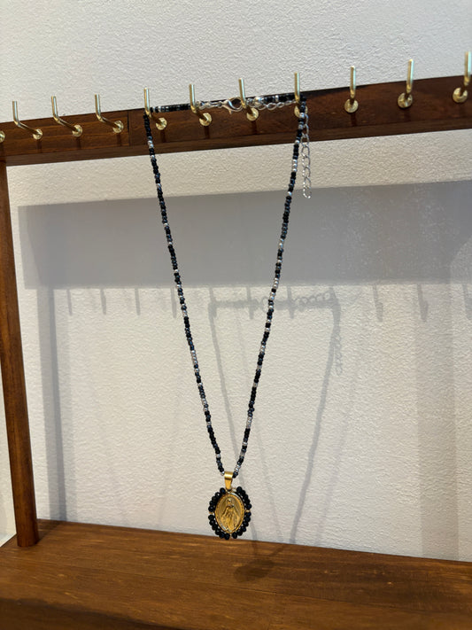 Black Holy Mary Necklace Small Beads 24k Gold Pleated
