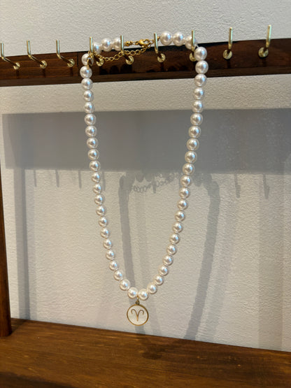 Zodiac Sign 18K Gold Plated Necklace Aries Ram Beads Pearls