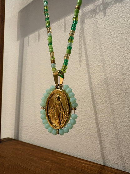 Light Green Holy Mary Necklace Small Beads stainless steal