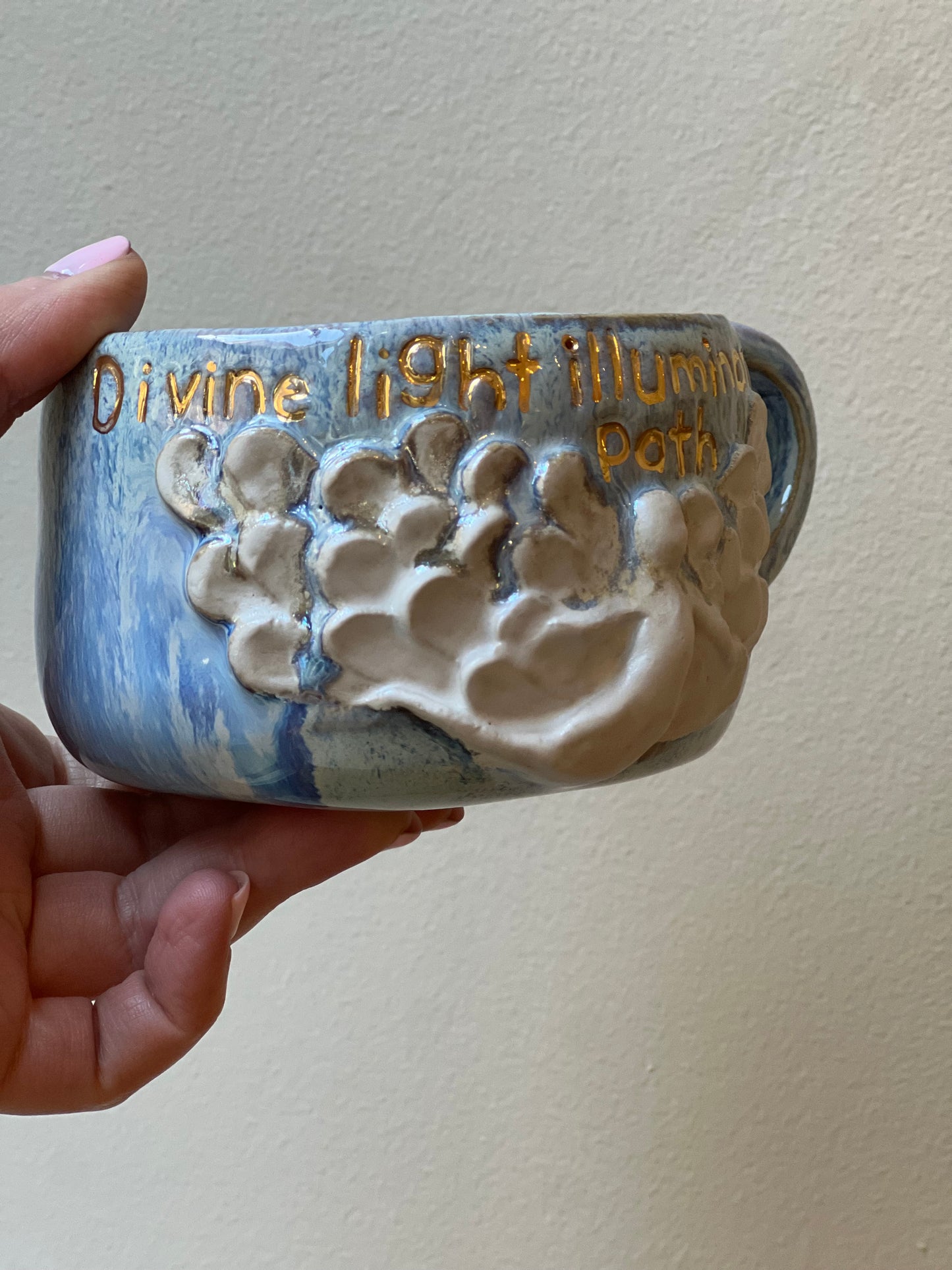 Handmade ceramic blue Angel mug “divine light illuminates my path” - Studio Avalon Boheme