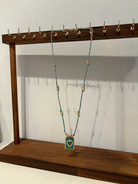 Light Blue 24k Gold Pleated Necklace Burning Heart Tarot Card