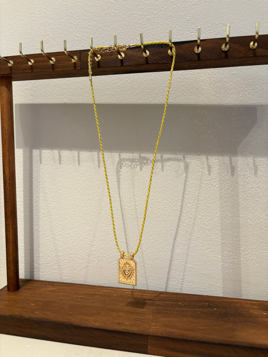 Yellow 24k Gold Pleated Necklace Burning Heart Tarot Card